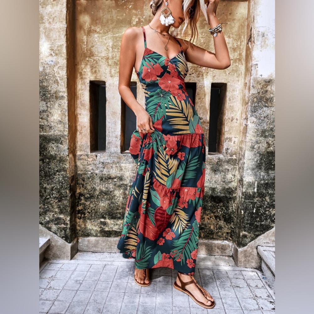 SHEIN VCAY Random Tropical Print Criss-Cross Backless Cami Dress size M